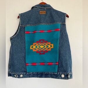 Vintage Pendleton Button Denim Vest with Wool Southwestern print on back